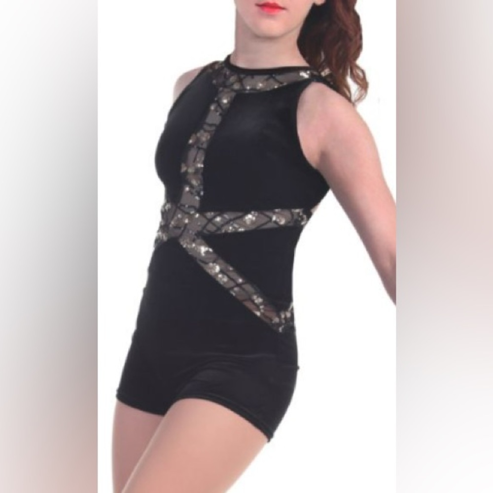 Black  Velvet Sleeveless unitard with Sequin mesh  brand new. Multiple sizes
